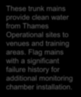 Examining Source to Venue Mains 385 km Examined 72 chambers installed These trunk mains provide clean water from Thames Operational