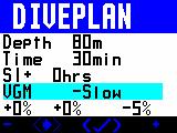 Diveplan and diving Diveplan screen allows change of preset