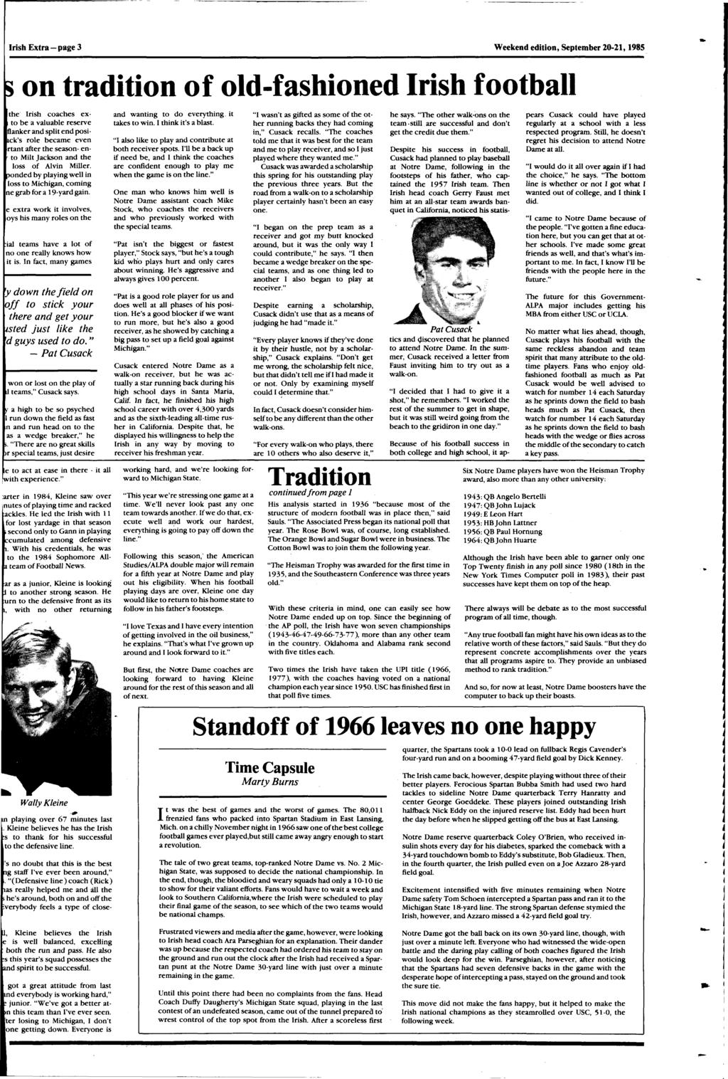 ish Exta -page 3 Weekend edition, Septembe 20-21, 1985 on tadition of old-fashioned ish football the ish coaches exto be a valuable eseve flanke and split end posick's ole became even tant afte the