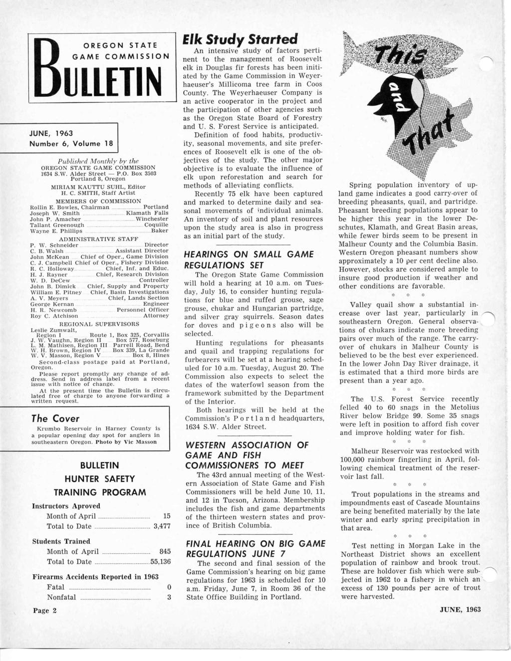 BOREGON STATE GAME COMMISSION ULLETIN JUNE, 1963 Number 6, Volume 18 Published Monthly by the OREGON STATE GAME COMMISSION 2634 S.W. Alder Street P.O. Box 3503 Portland 8, Oregon MIRIAM KAUTTU SUHL, Editor H.