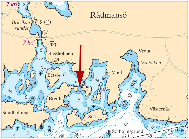 Insert underwater rock and amend 3 m depth contour as shown 59-42,554N 018-56,663E Bsp Stockholm N 2016/s23 Shoal at island Bredholmen Sjöfartsverket,