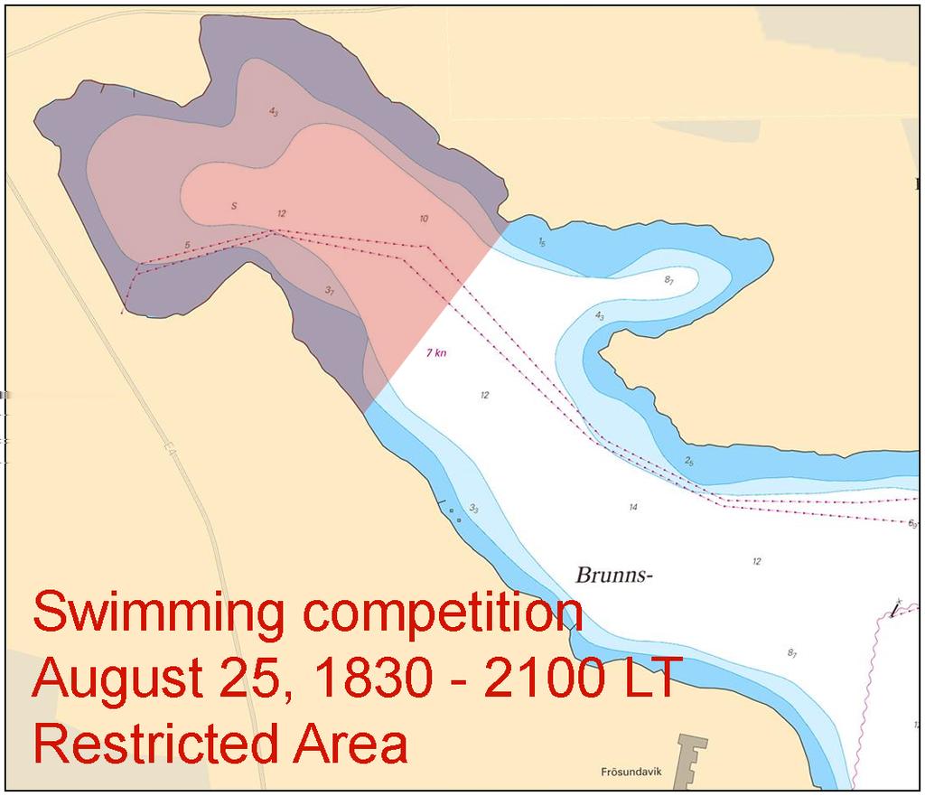 Time: August 25, 1830-2100 LT An area in the northern part of Brunnsviken will be restricted to all vessels during a swimming contest.