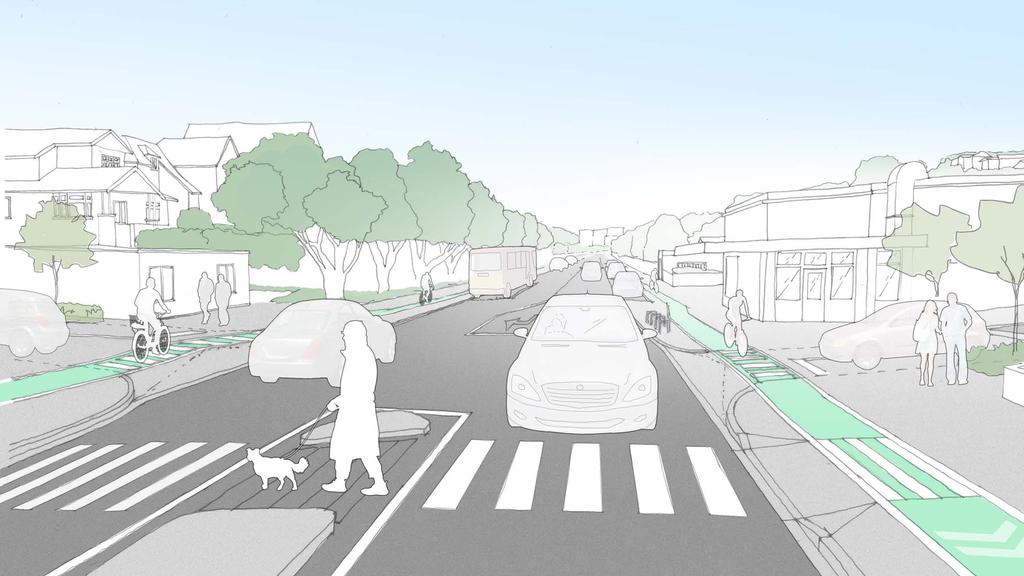 Proposed layout for OPTION: A Proposed layout for OPTIONS: B,C,D (Looking North) (Looking North) Raised table and new planting at side roads lane passes side roads and pedestrian crossings at road