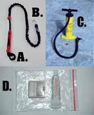 A. Leash part 1 (connects to harness) B. Leash part 2 (connects to kite) C. Dual action pump D.
