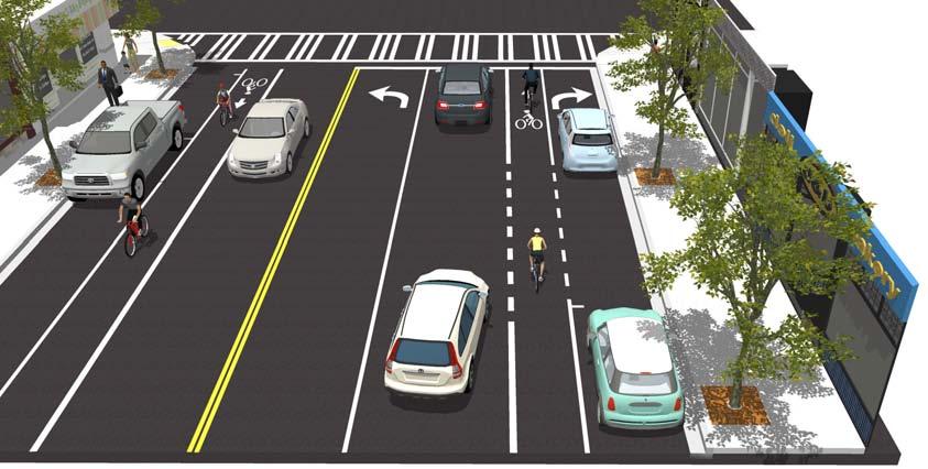 Bike Lanes at Right Turn Only Lanes The appropriate treatment at right-turn lanes is to place the bike lane between the right-turn lane and the right-most through lane or, where right-of-way is