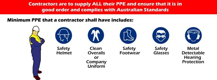 6. Personal Protective Equipment Personal Protective Equipment (PPE) Contractors shall supply their own Personal Protective Equipment and ensure that it is in good order and complies with Australian