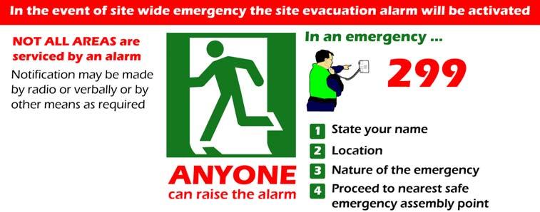 In the event of an emergency and it is safe to do so, dial 299. This will immediately set of all site evacuation alarms.