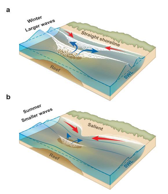 phase between reeffronted and adjacent embayed beaches (no net sub-aerial volume change) This