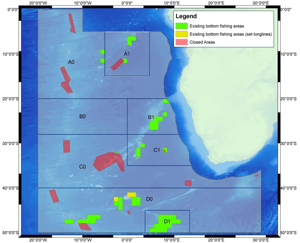 Figure 1 Composite map of existing bottom fishing areas Annex 2 Closed areas and their coordinates SUB-AREA A Area: (Kreps seamount), Number 16 on the
