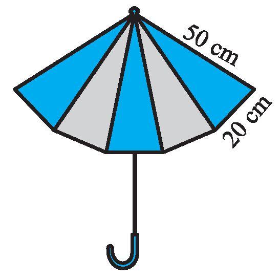 24. An umbrella is made by stitching 10 triangular pieces of cloth of two different colours each piece measuring 20 cm, 50 cm and 50 cm. How much cloth of each colour is required for the umbrella? 25.