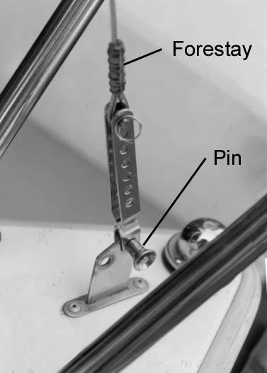 (c) Attach the forestay to its chain-plate with its pin (See Fig 3-4). It attaches to the forward hole in the chain-plate (the tack of the jip attaches to the aft hole).