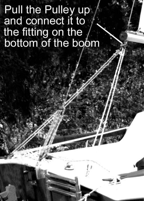 Figure 3-10 (c) Loosen the mainsheet and pull the boom block (pulley) up and attach it to the bottom of the boom (see Fig 3-11).