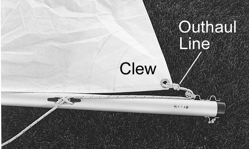 Refer to Figure 3-14. If you have a track and car for adjusting the tension in the foot of the sail, then attach the clew to this car.