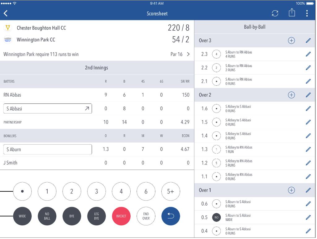 Scoring the Match The scoresheet, as it appears during operation, is shown below. You are prompted at the start of the match to select the two opening batsman and opening bowler.