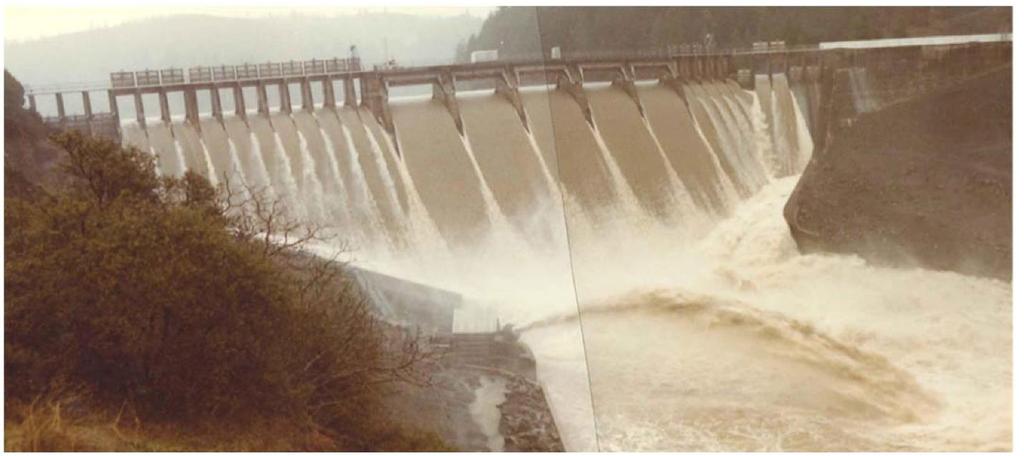 Figure 6: View looking upstream toward the spillway operating at 17,400 cfs on January 12, 1980.