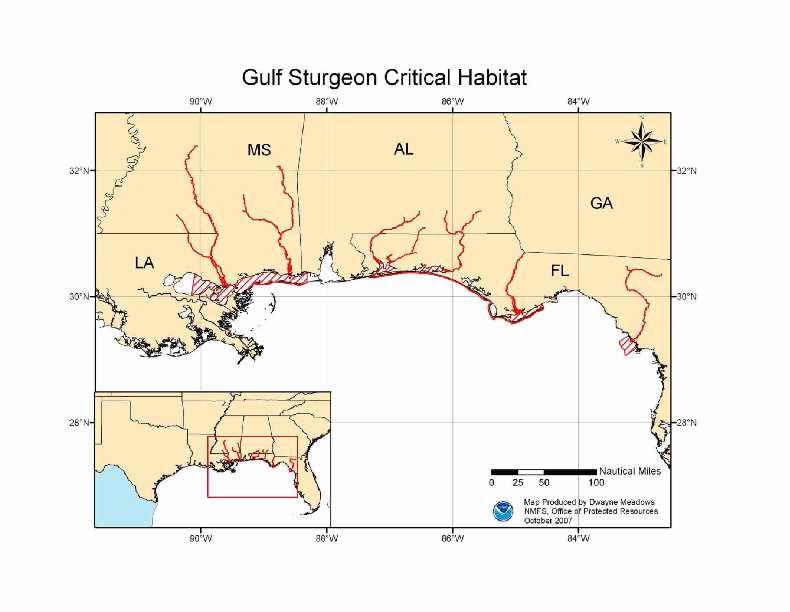 Fig. 3: Gulf sturgeon Critical habitat map, as provided by the National Oceanic and Atmospheric Administration.