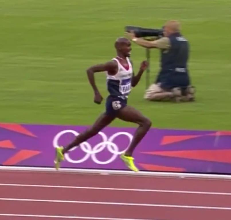 Mo Farah London Olympics 2012 5000 m Final Recovery As the driving leg breaks ground-contact, the heel of this foot
