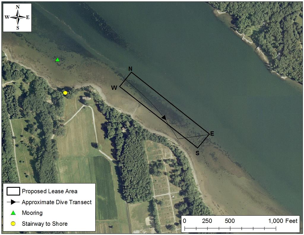 Figure 2: MDMR dive transect on proposed lease site The criteria MDMR uses to determine the suitability of an aquaculture operation to a particular area (MDMR Regulations Chapter 2.