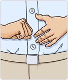 Make a fist with one hand just above his belly button. 3. Cover the fist with the other hand. 4. NOW make 4 quick thrusts inward and upward to force air from his lungs. 5.