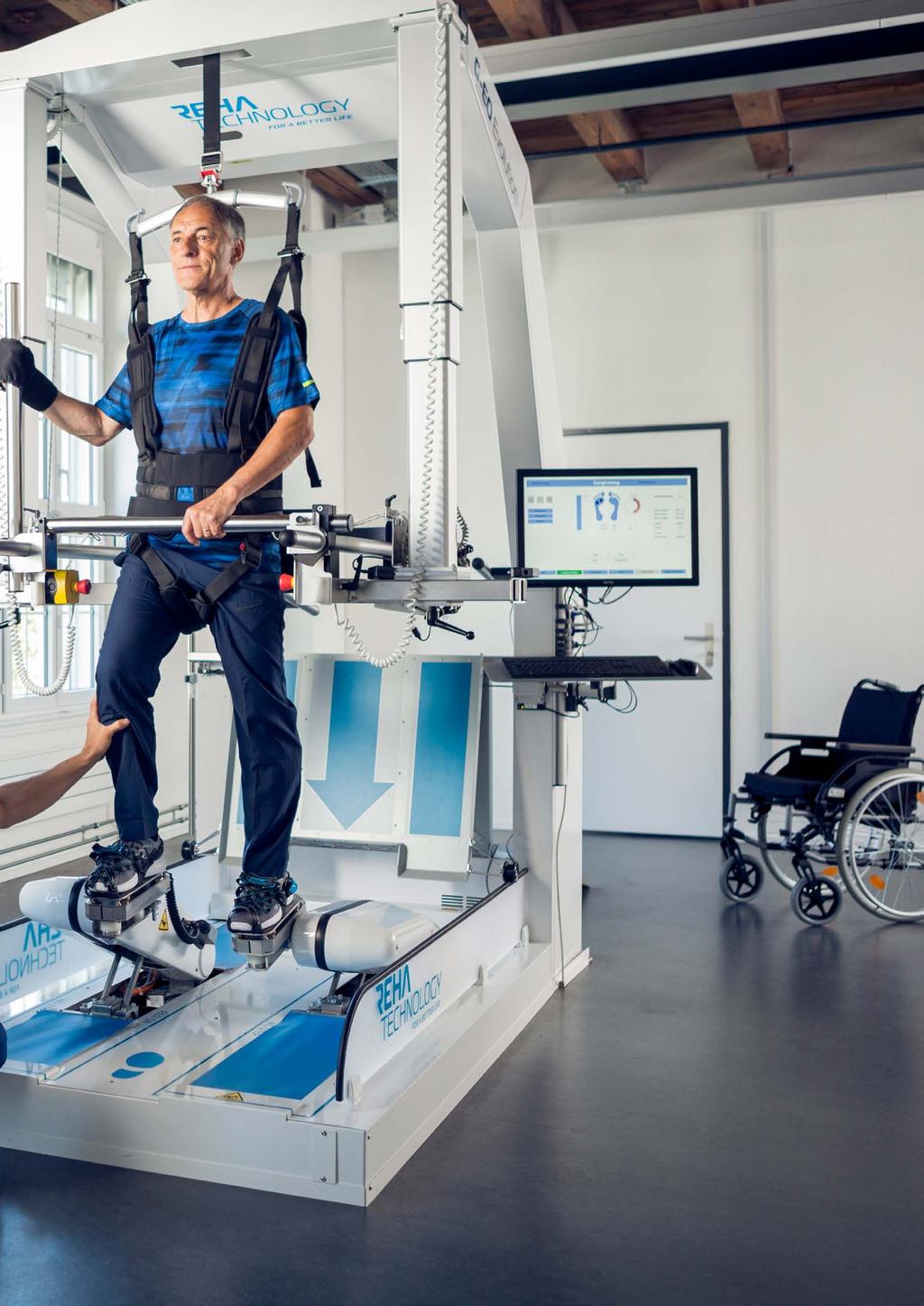 Functions Patient reporting One harness size Floor walking (passive) Partial movement Standard protocols Built-in foot sensors Adjustable settings Step length Cadence Step width Ankle angle Max.