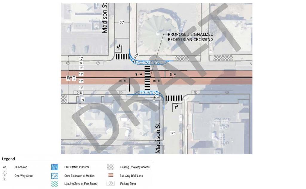 Conceptual Pedestrian Crossing Design Expanded sidewalks and shorter/safer pedestrian crossings Maintains existing driveway access