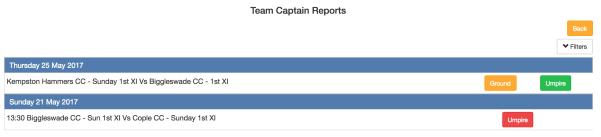 To complete the report(s) needed browse to your club play-cricket site and login. Once logged in under your name you will see various options as below. Select Team Captain Reports.