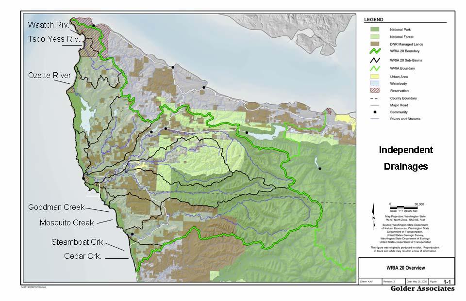 2.4 North Pacific Coast Independent Drainages: Figure 5. Relief Map of WRIA 20 Independent Drainages (Modified from WRIA 20 Watershed Plan). 2.4.1 Independent Drainages Background: The independent