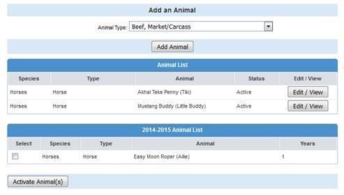 To re-activate one or more animals, click on the check-box in the left-most column. Then click activate animal(s).