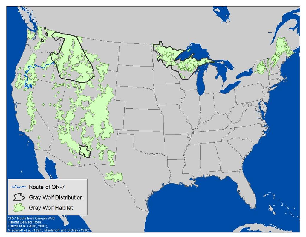Appendix Figure 1 - Map of gray wolf habitat and distribution circa