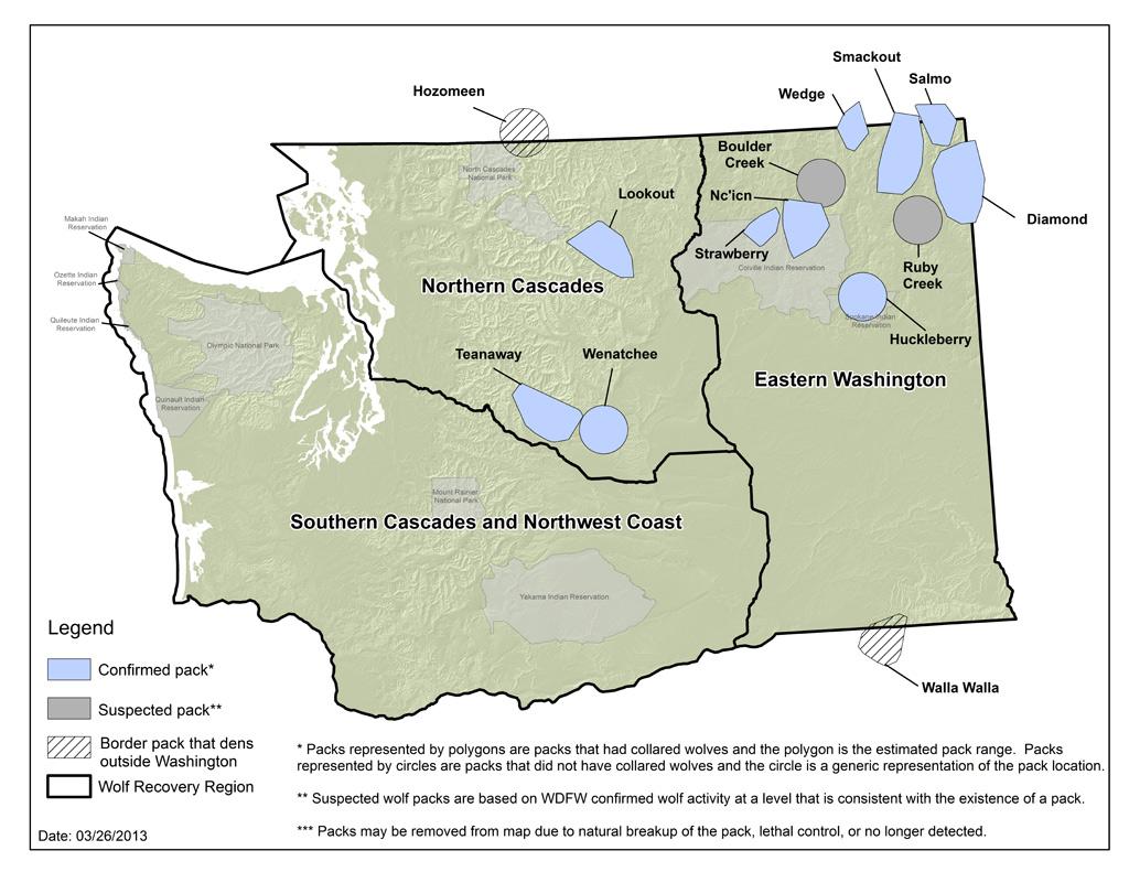 Appendix Figure 3 - Distribution of WA State wolf packs and designated recovery zones provided by the Washington Department of Fish and Wildlife, Mar.