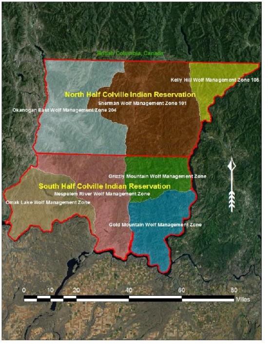 Appendix Figure 5 - Map of Colville Indian Reservation wolf recovery and hunting zones