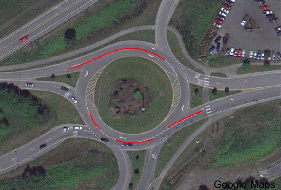 roundabout. The Tester Road roundabout was constructed in 2001 in Monroe, Washington with mostly radial design and spiral striping. See Figure 7. The inscribed circle diameter is 225-ft.