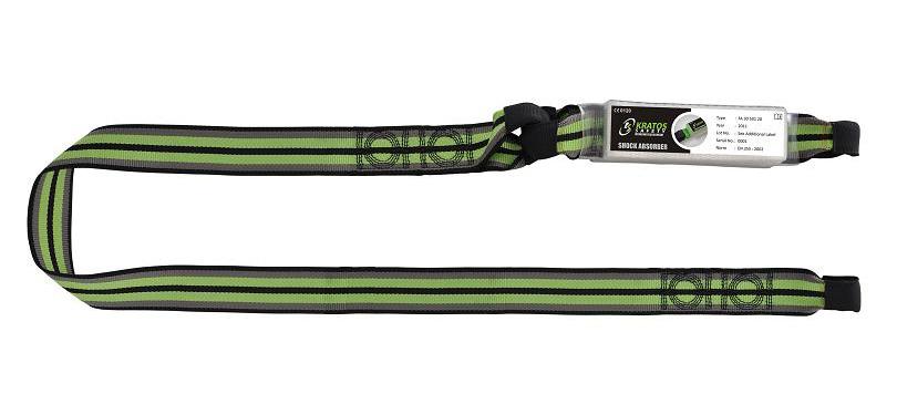 Shock absorber in 44mm wide webbing which reduces the impact of a fall to less than 6 kn. tubular webbing.  703 20 Shock Absorbing Expandable Webbing Lanyard 2.