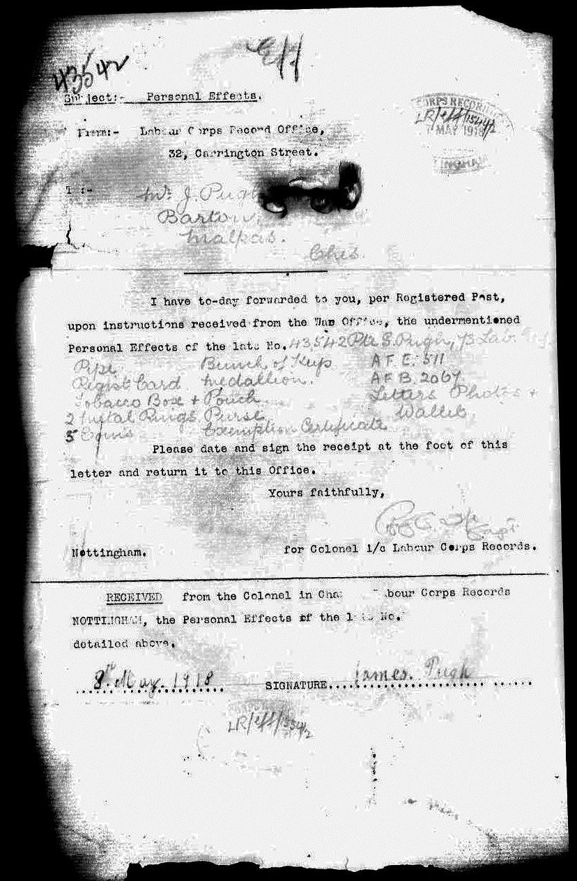 Above: Samuel Pugh s separate war record from 1917, showing the return of his personal possessions to his