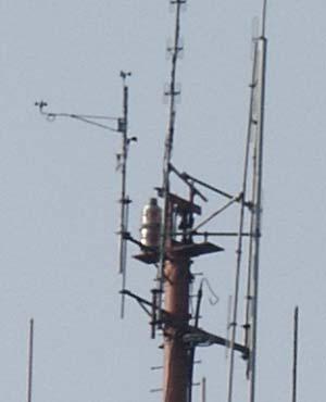 Figure 2 - Instrumentation at top of Yankee Network Tower note the anemometers on the left (horizontal boom and at the top of the lefthand vertical tube.