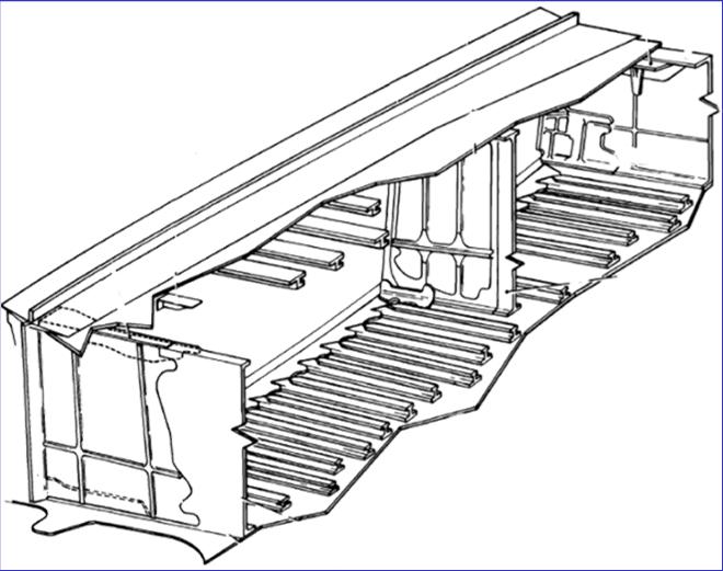 Torsion Box Most modern large aircraft use two main spars, with stressed skin between them, to form a torsion box construction. The example below also has a centre spar.