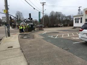 Consider the installation of a raised intersection or color/textured pavement to allow for pedestrians to cross to all corners of the intersection when the pedestrian phase is called.