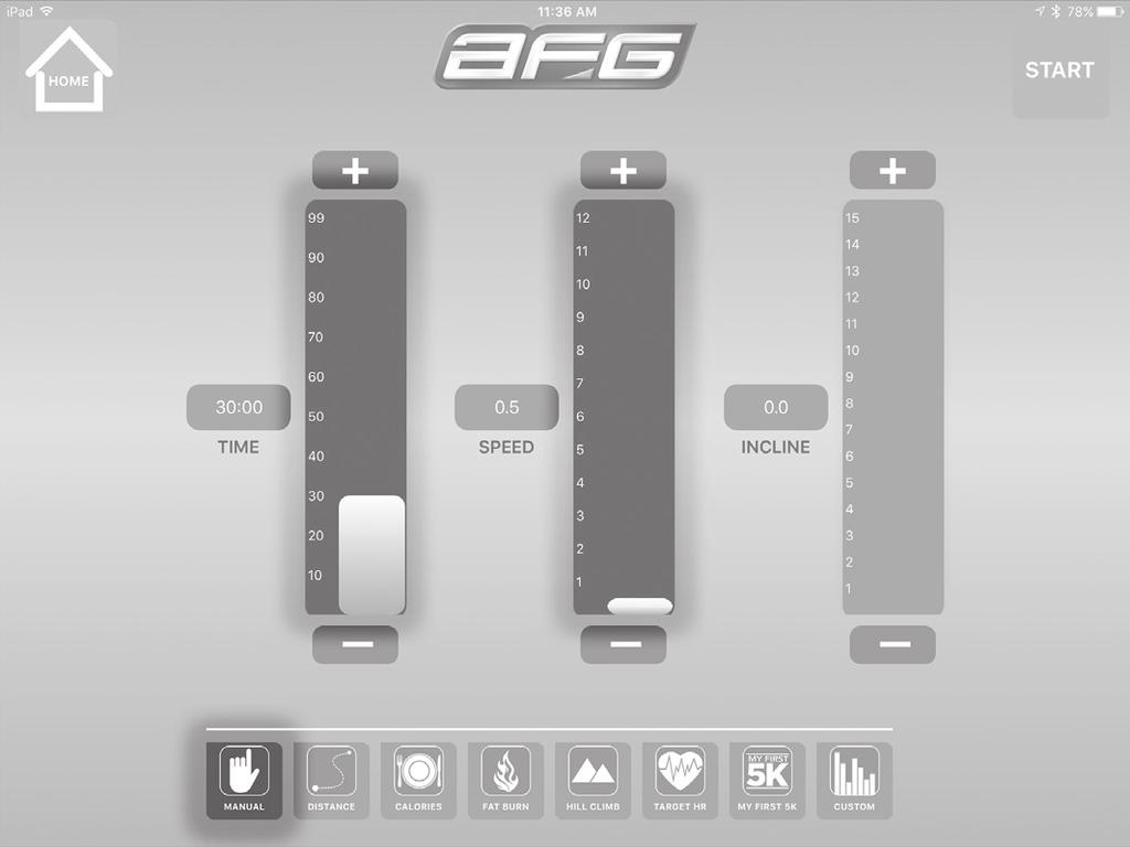 SETTING THE PARAMETERS/LEVELS OF A WORKOUT After selecting START from the HOME screen of your desired workout, you will next be taken to a LEVELS screen.