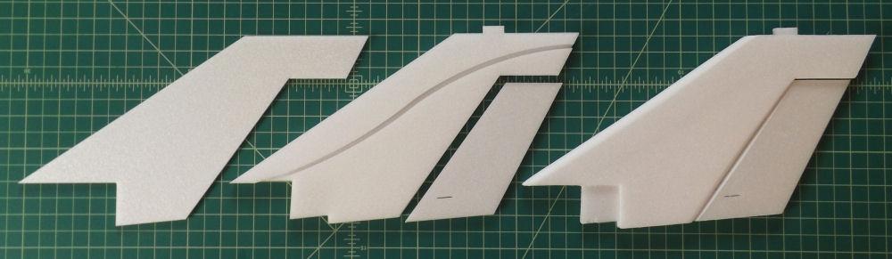 7 The vertical stab assembly consists of 5 pieces: two 3 mm outer pieces (left photo), two 6 mm middle pieces (center photo), and the rudder (shown in center & right photo).