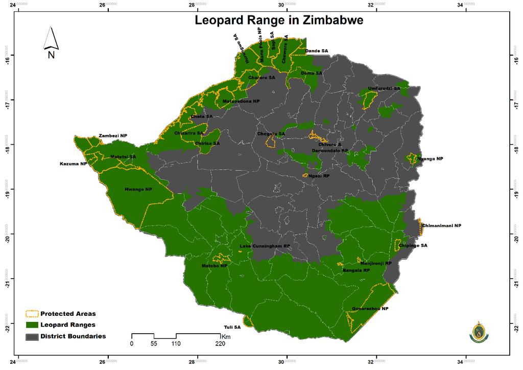 Figure 1 Leopard Distribution in Zimbabwe In 2013 A national leopard survey was completed by the WildCru (University of Oxford) research team in conjunction with ZPWMA and the Zambezi Society.