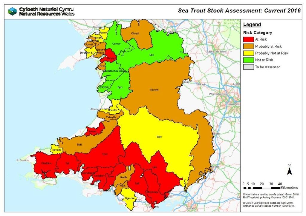 Figure 17. SR based assessment of risk status for the main sea trout rivers in Wales: current year 2016 Figure 18.