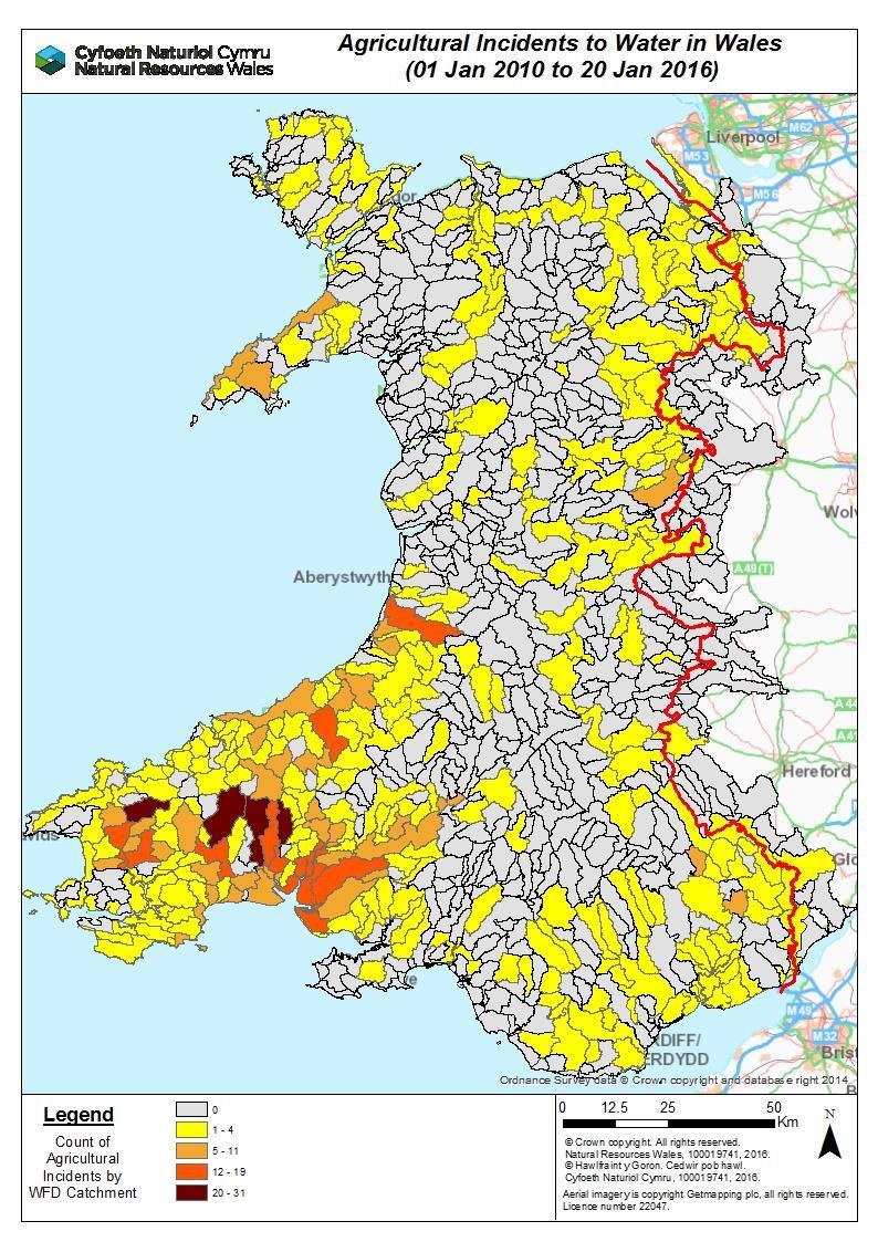 Figure 28 Location of Welsh agricultural pollution incidents impacting on water Following several discussions with Welsh Ministers over the period 2015-2016, NRW and Welsh Government have now