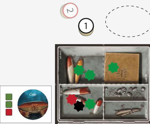 Then she selects the Crab from the set of available Master Angler cards to attempt to catch. She places the Crab card to the left of her player board. B.
