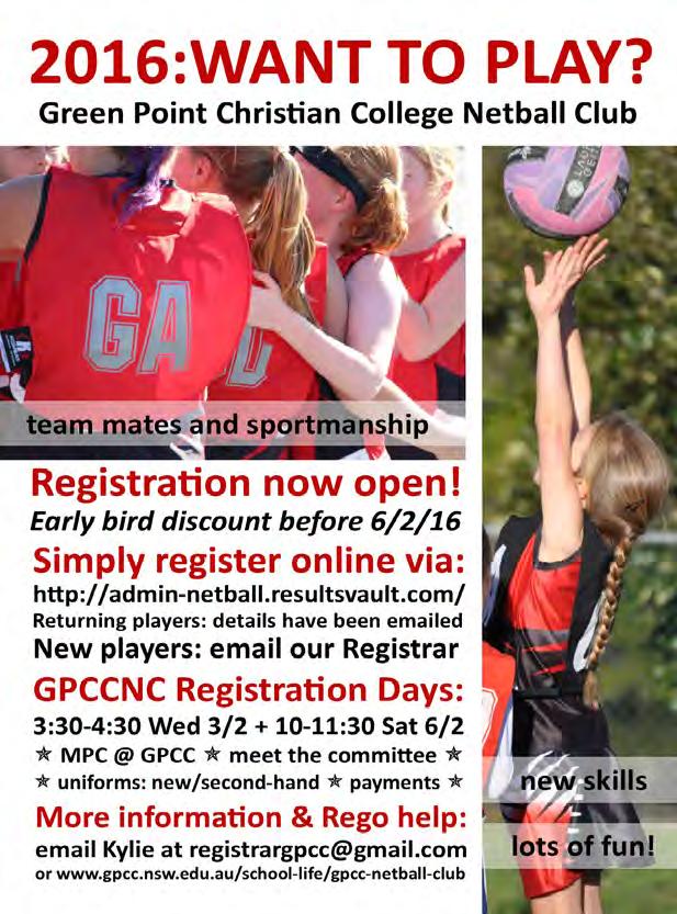 Around The Courts GPCC NETBALL CLUB NEWS REGISTRATION 2016 2016 Registrations Now Open!