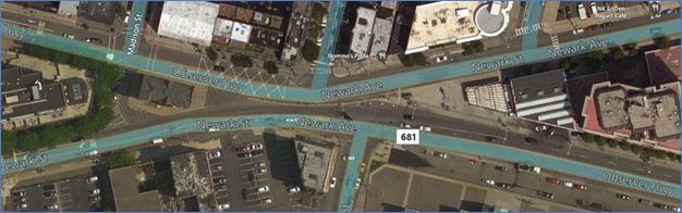 Newark Street, similarly a two-lane (one lane each way, with center turn lanes and striped wide medians but no parking) Urban Minor Arterial (average annual daily traffic of 7,496 vehicles/day)