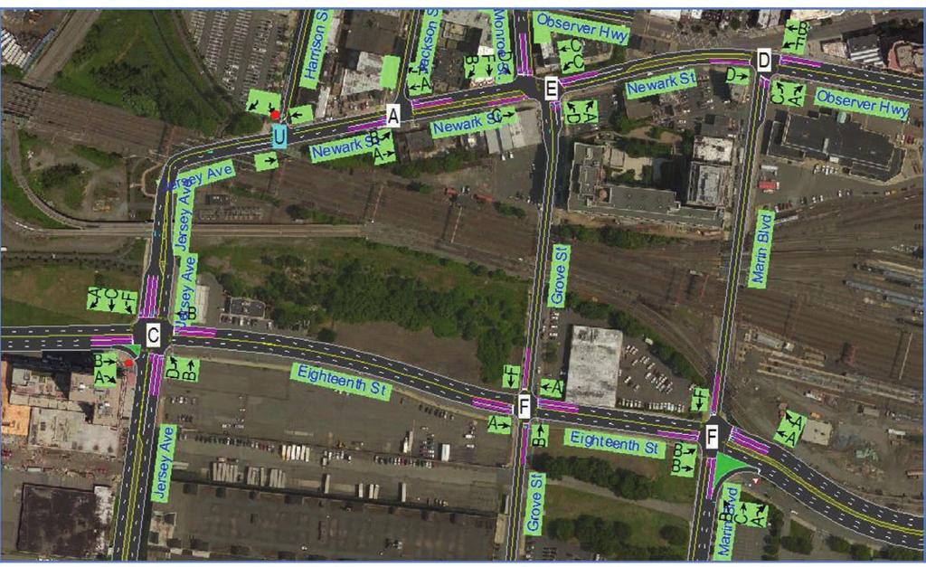 Figure 4.96 Observer Highway at Washington Street LOS (PM peak); Imagery 2017 Google, Map data Figure 4.97 Hoboken Area Bike Network; Imagery 2017 Google, Map data of queue length.
