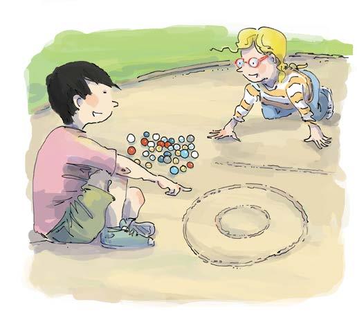 I show Nia the marbles and we decide to play a new game. We draw a big circle target with a smaller circle inside it.
