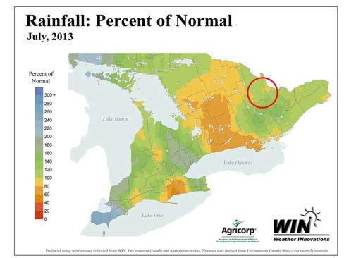 Figures 3 & 4 show the Percent of Normal Rainfall for the months of July and August 2013 respectively. The red circle indicates the area where the on-farm sites were for this project.
