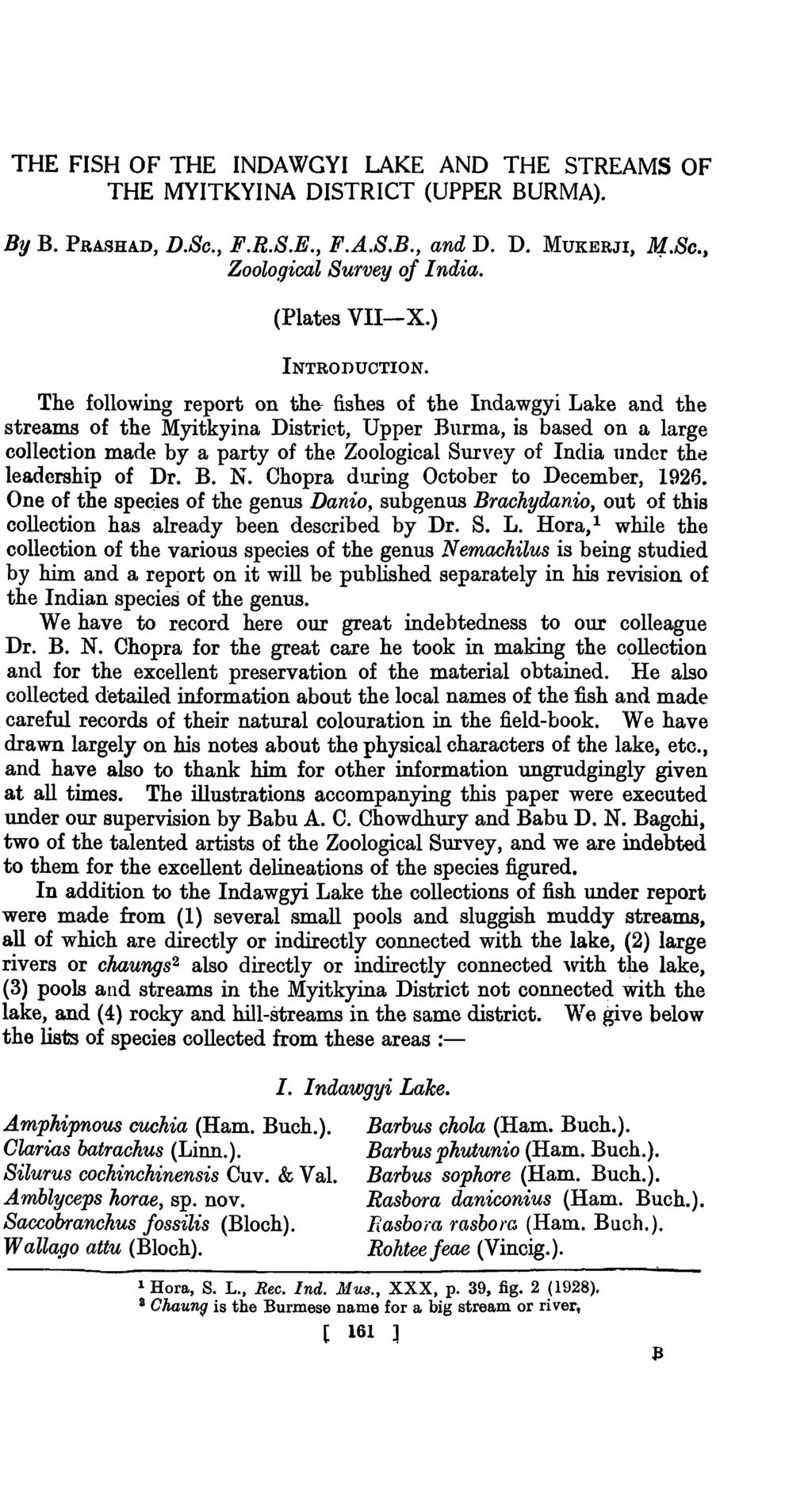 THE FISH OF THE INDAWGYI LAKE AND THE STREAMS OF THE MYITKYINA DISTRICT (UPPER BURMA). By B. PRASHAD, D.Se., F.R.S.E., F..A..S.B., and D. D. MUKERJI, M.Sc., Zoolo,qical Survey of India. (Plates VII-X.