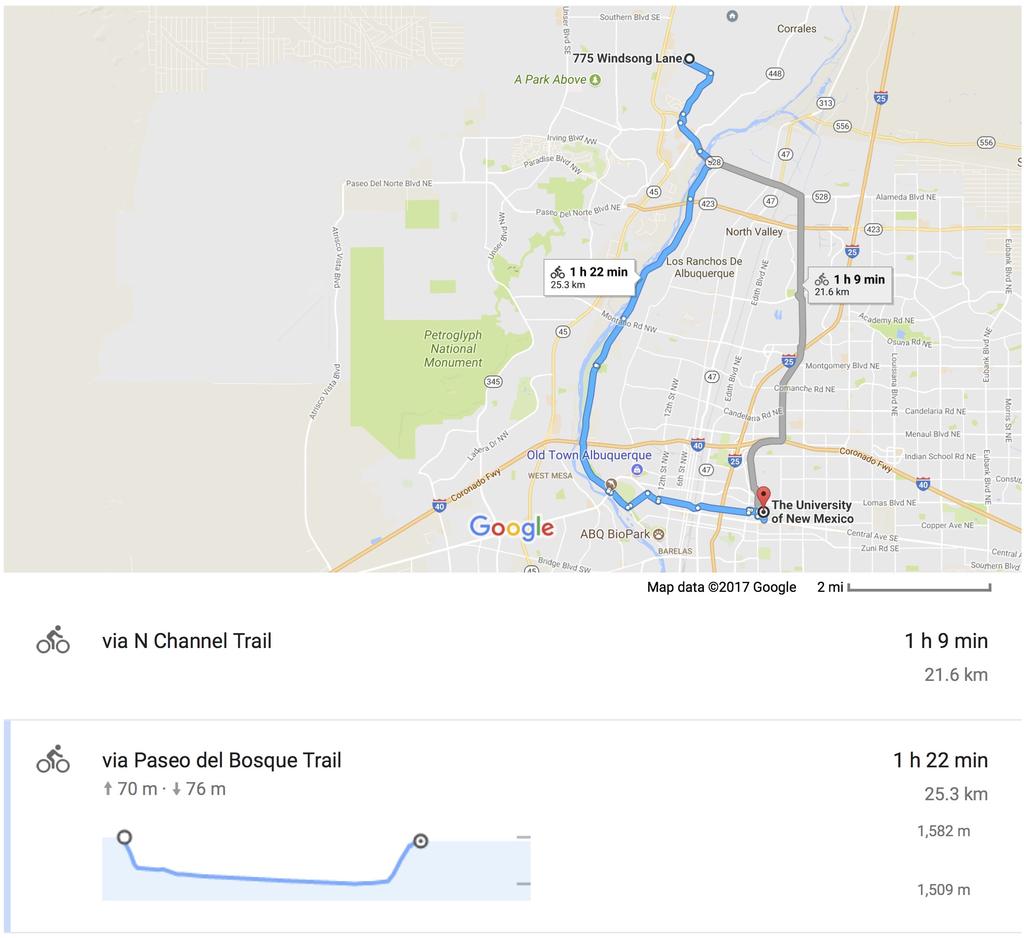 Figure 1: Google maps output of bike route